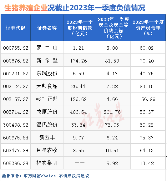 生猪养殖企业负债情况
