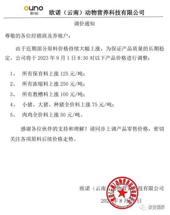 饲料涨价通知