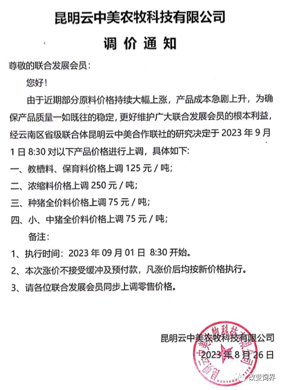 饲料涨价通知