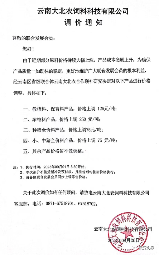 饲料涨价通知