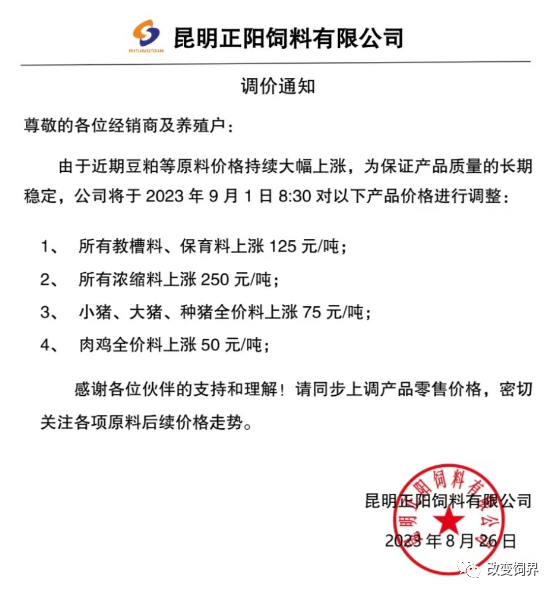 饲料涨价通知